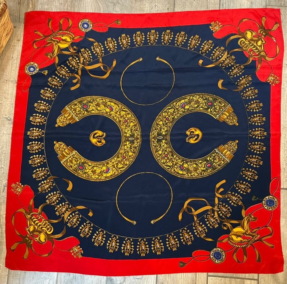 Vintage 100% Silk Square Scarf Navy Blue Red Gold Baroque Jewelry Medallion